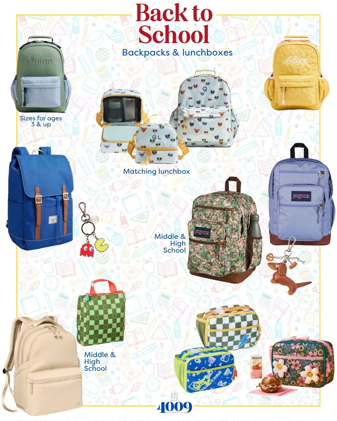 Adorable and one-of-a-kind backpacks and lunchboxes and lunch bags for school!

Crate& barrel
Target
Northface 
Jansport 
Lunchboxes

#LTKFindsUnder50 #LTKKids #LTKautumn
