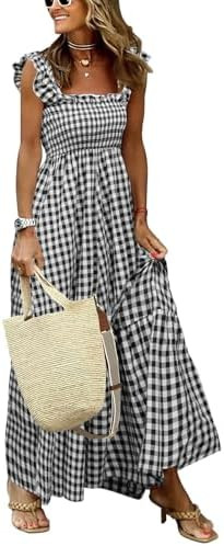 chouyatou Women's Retro Plaid Smocked Dress Spaghetti Strap Flounce Long Dress | Amazon (US)