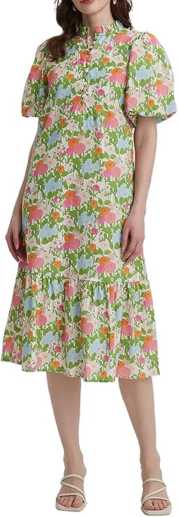 Summer Floral Midi Dress for Women Spring Puff Short Sleeve Button Down Flowy Boho Dresses | Amazon (US)