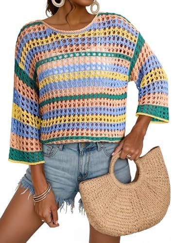 Dokotoo Womens Spring Summer 3/4 Sleeve Crochet Sweater Hollow Out Color Block Striped Tops Casua... | Amazon (US)