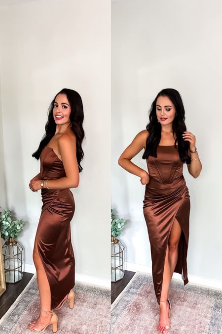 Under $50 amazon corset maxi satin dress (small), under $20 amazon clear and tan heels (tts) and under $12 gold amazon statement earrings — love this for a fall or winter formal wedding guest dress! #founditonamazon 

#LTKwedding #LTKfindsunder50 #LTKparties