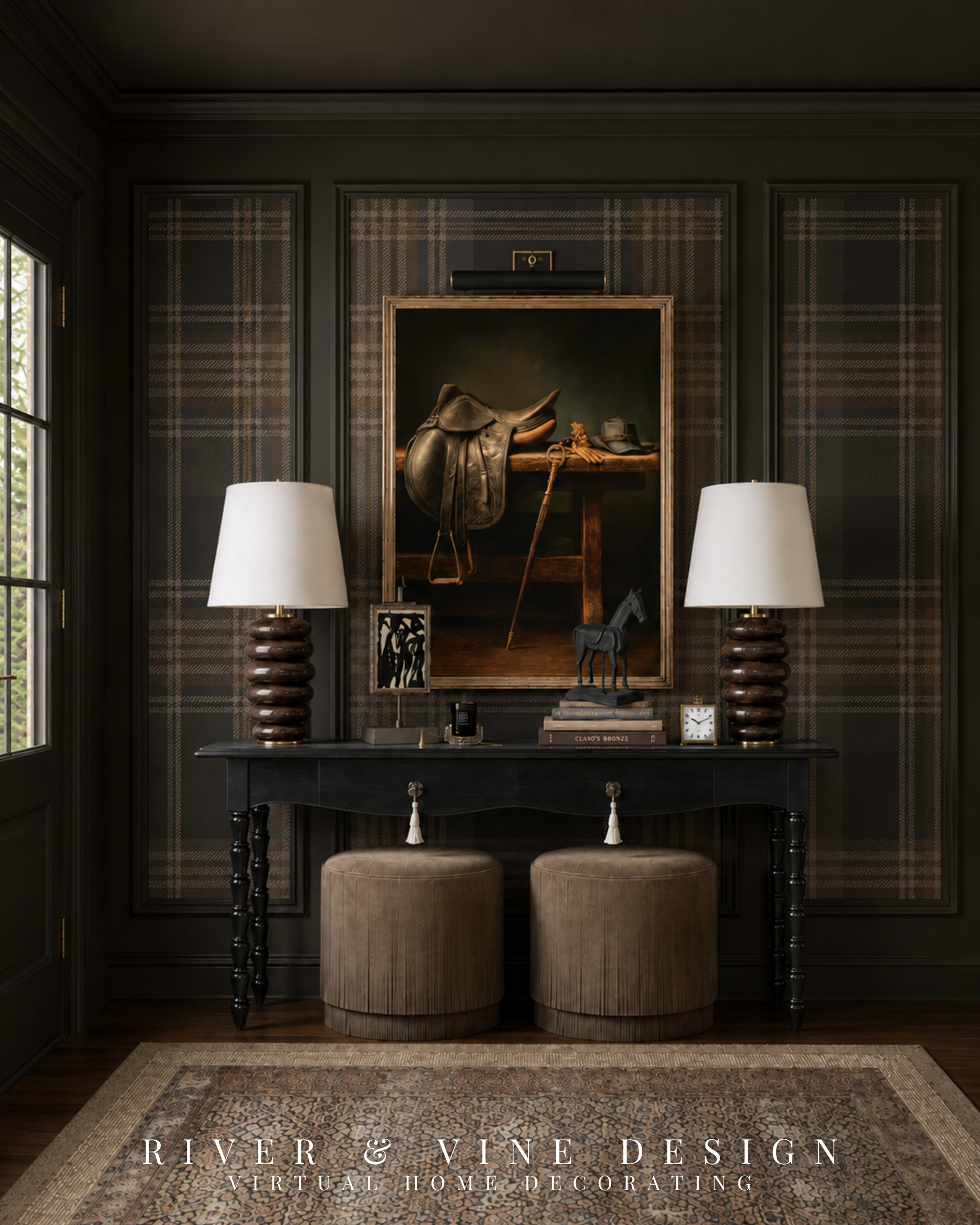 Moody entryway styling with a collected, traditional feel — dark painted trim, plaid wallpaper, a black console table, sculptural lamps, fringe ottomans, and equestrian wall art. This is such a good example of how to make a small entryway feel layered, warm, and expensive without using a lot of furniture.

moody entryway, traditional home decor, Ralph Lauren inspired decor, dark academia home, console table styling, plaid wallpaper, equestrian art, classic interior design.

I may receive a small commission from purchases made through these links, at no cost to you.

#LTKHome