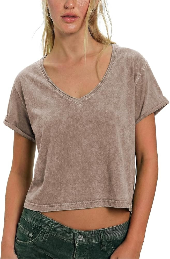 Women's Vintage Washed T-Shirt V-Neck Cropped Summer Short Sleeve Casual Basic Tops Cotton Tee fo... | Amazon (US)