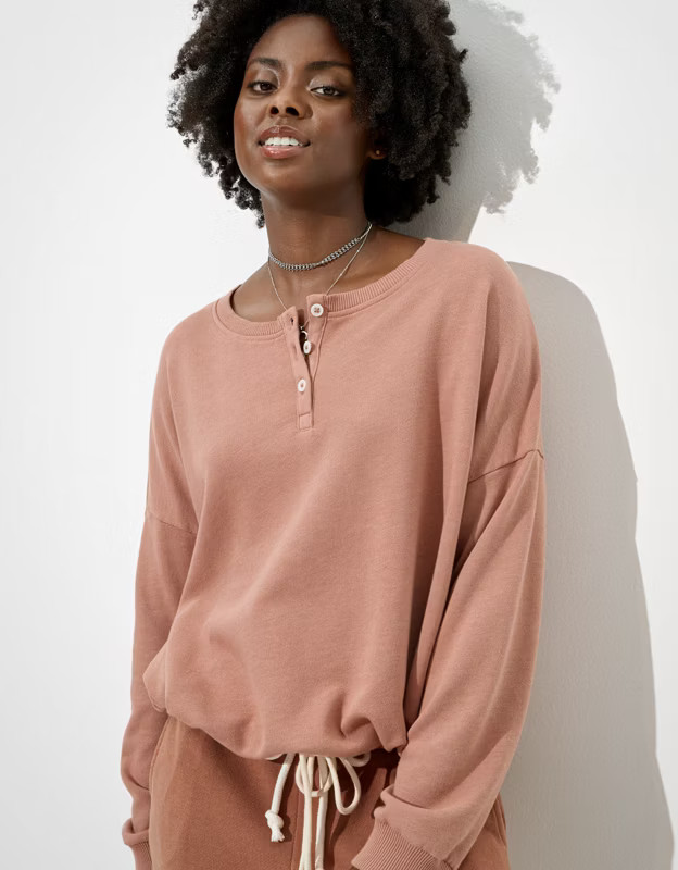 AE Fleece Cinched Henley Sweatshirt | American Eagle Outfitters (US & CA)