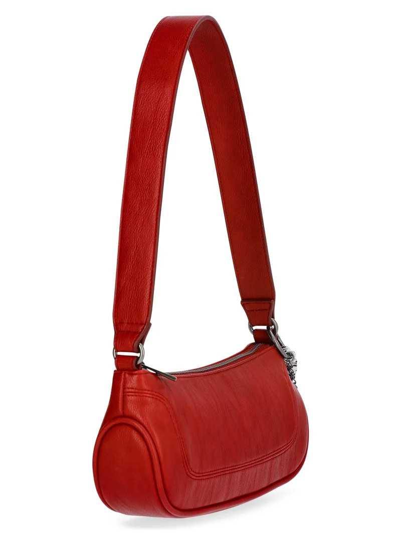 No Boundaries Women's Faux Leather Moto Shoulder Bag with Bag Charm, Carmine Red | Walmart (US)