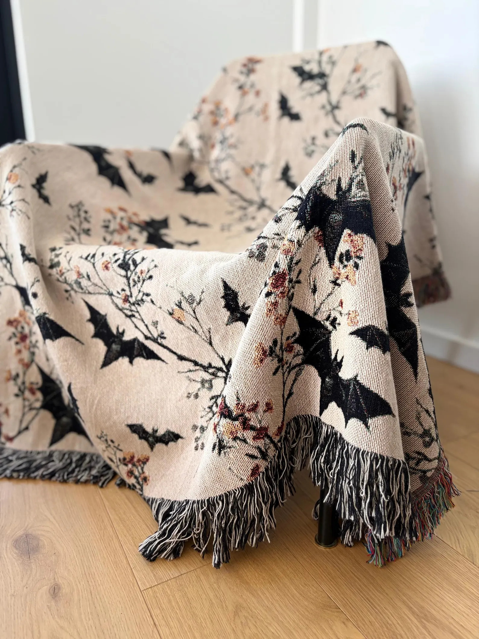 Neutral Halloween Blanket Bat Boho Halloween Decor Bat Woven Blanket Floral Halloween Throw Blank... | Etsy (Global)
