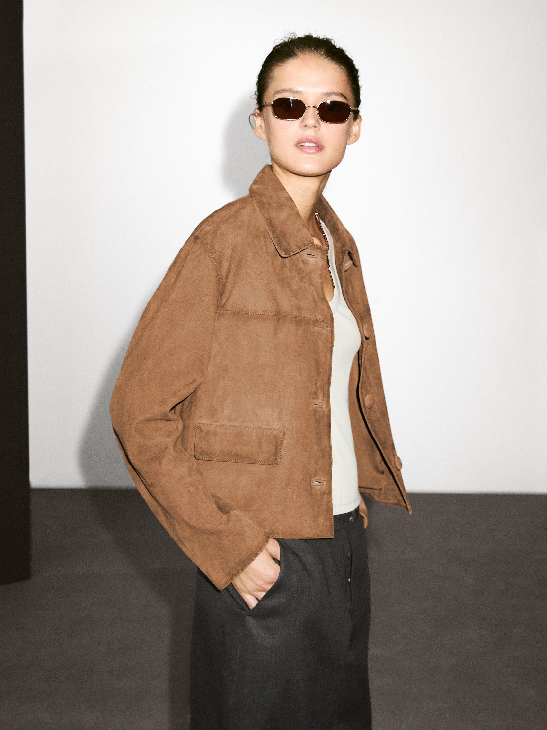Suede leather jacket with lined buttons | Massimo Dutti UK