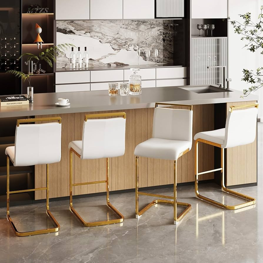 Bar Stools Set of 4,Gold Bar Stools with Back,25" White Island Chairs with Gold Chrome Plated Met... | Amazon (US)