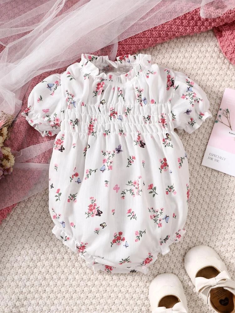 Baby Floral Print Frill Trim Puff Sleeve Bodysuit | SHEIN