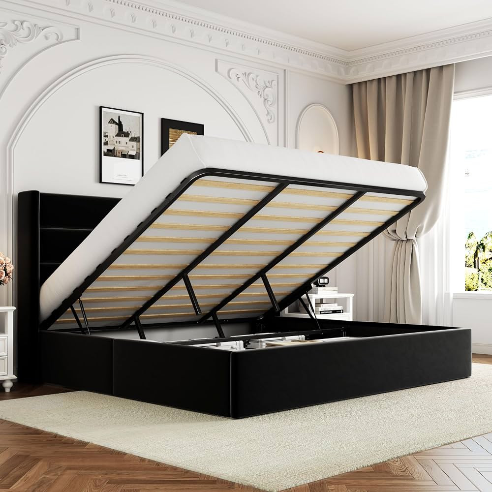 Allewie King Size Velvet Lift Up Storage Bed, Modern Wingback Headboard, Hydraulic Support, No Bo... | Amazon (US)