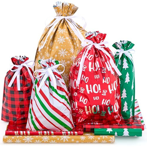 JOYIN 36 PCS Christmas Drawstrings Gift Bags Assorted Sizes(Large Medium Small), Xmas Reusable Plastic Bag for Presents Wrapping, Holiday Party Favors | Amazon (US)