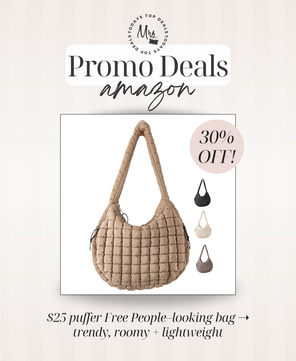 $25 puffer Free People–looking bag ➝ trendy, roomy + lightweight 

 #LTKgrwm #LTKmomlife #LTKSaleAlert