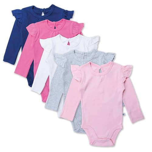 HonestBaby 5-Pack Long Sleeve Ruffle Shoulder Bodysuits 100% Organic Cotton for Infant Baby Girls, Varsity Pink, Newborn | Amazon (US)