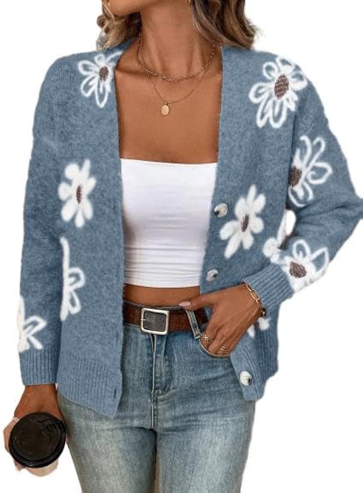 SHENHE Women's Floral Print Button Down Cardigan V Neck Drop Shoulder Knit Outerwear | Amazon (US)