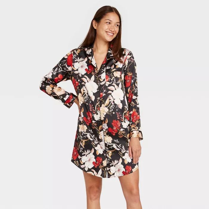 Women's Floral Print Satin Notch Collar Nightgown - Stars Above™ Black | Target