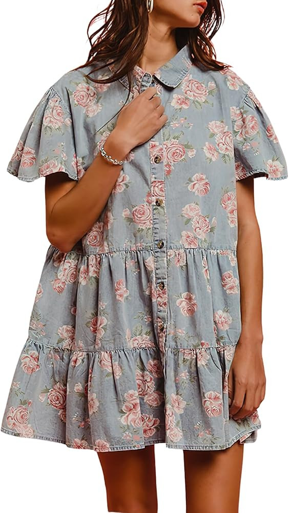 ebossy Women's Sweet Floral Denim Dress Button Up Ruffle Short Sleeve Flowy A Line Tiered Mini Sh... | Amazon (US)