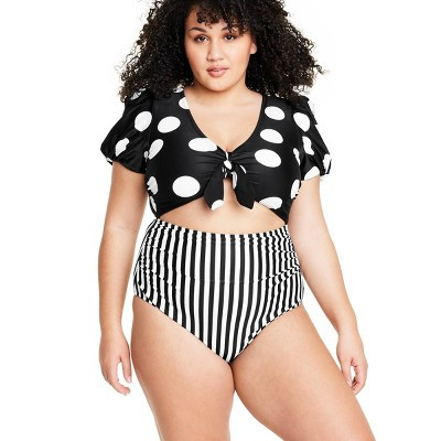 Women's Striped/Dot Print Puff Sleeve Tie-Front One Piece Swimsuit - Tabitha Brown for Target Bla... | Target