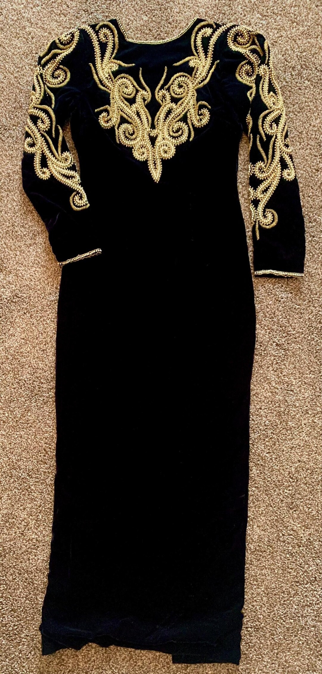 Vintage 80s LANDA Black VELVET Dress: Gold Beaded Wiggle Sheath, Size 10 - Etsy | Etsy (US)