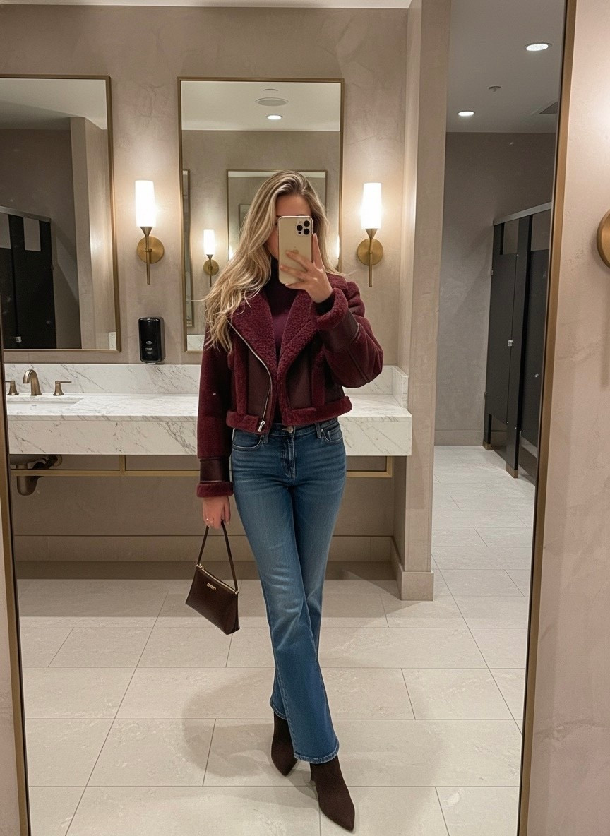 Rich Winter Tones | Luxe Textures for Cold Days 🍷✨

Cozy, structured, and effortlessly elevated — this deep-wine shearling jacket is the kind of statement layer that instantly transforms a simple outfit. Paired with classic straight-leg denim and pointed knit booties for a sleek, elongated silhouette that still feels warm and wearable.

Finished with a minimal top-handle bag in a matching tone for that quiet-luxury cohesiveness. Perfect for dinner nights, errands, or anytime you want to feel polished without overthinking it.

✨ Style Notes:
– Rich berry + brown tones for a sophisticated winter palette
– Cropped shearling jacket adds warmth without bulk
– Straight-leg denim for a clean, flattering line
– Pointed booties for subtle height and structure
– Mini top-handle bag to complete the look

🛍️ Shop the full look:
• Cropped shearling jacket
• Straight-leg denim
• Pointed knit/structured booties
• Mini top-handle bag
• Minimal accessories#LTKwinter #LTKstyletips #LTKseasonal

#LTKgrwm #LTKootd #LTKootd #LTKgrwm #LTKSeasonal