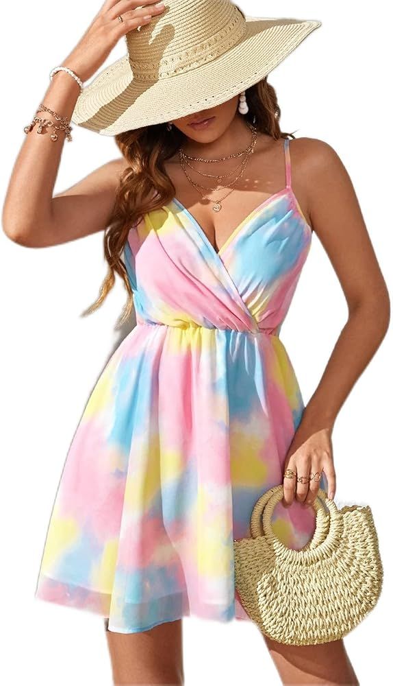 Counyball Tie Dye Surplice Neck Cami Dress Summer Suspender Dress | Amazon (US)