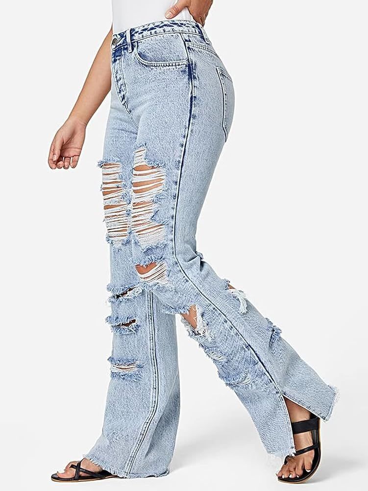 Flamingals Stretchy Straight Leg Mid Waist Distressed Frayed Split Hem Jeans for Women | Amazon (US)