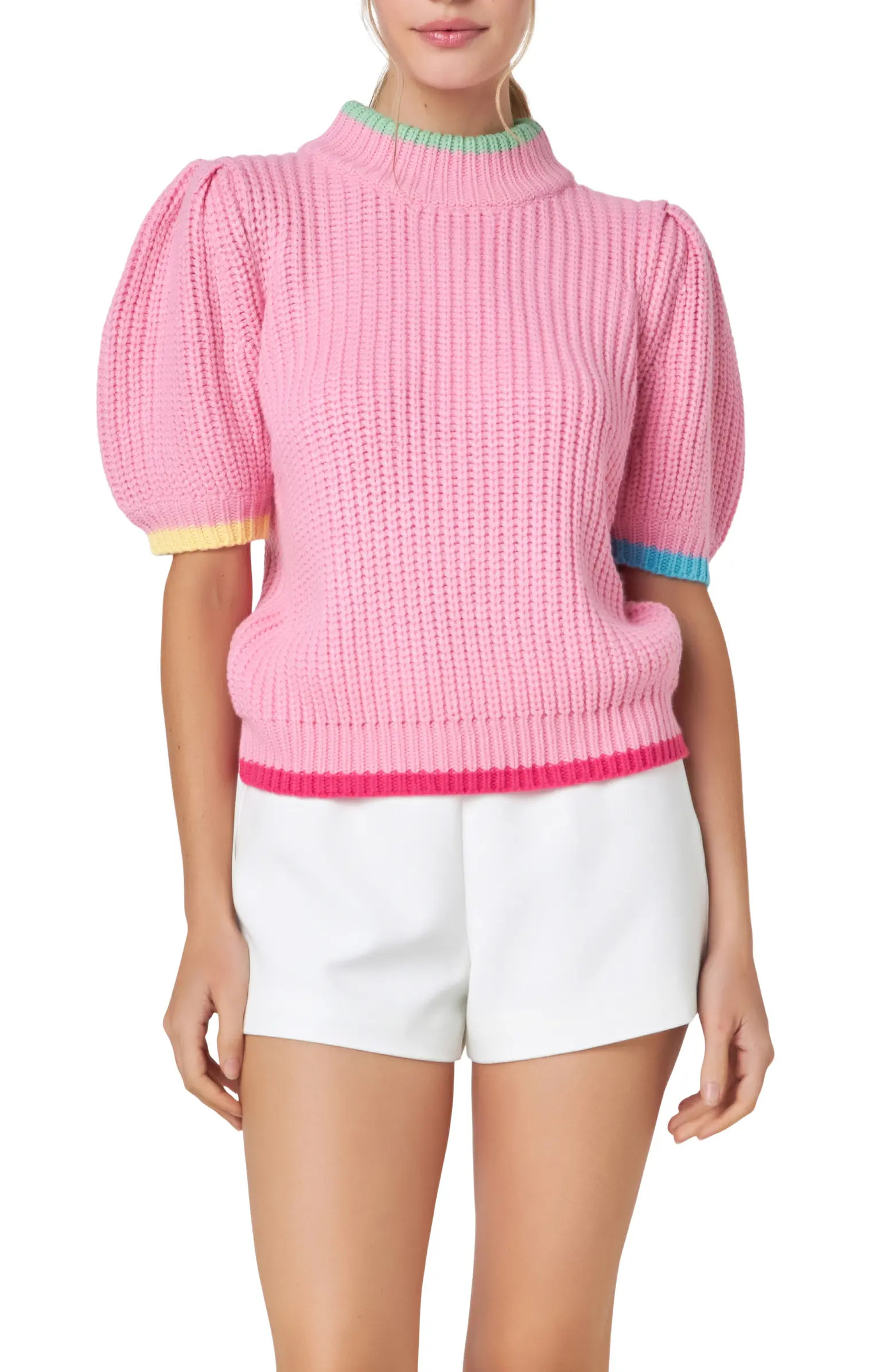 Tipped Trim Short Sleeve Shaker Stitch Sweater | Nordstrom