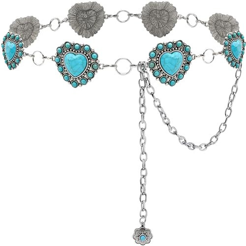 Xiokyo Turquoise Belt Heart Western Chain Belt Cowgirl Country Metal Silver Concho Belts Women Jeans Dresses | Amazon (US)