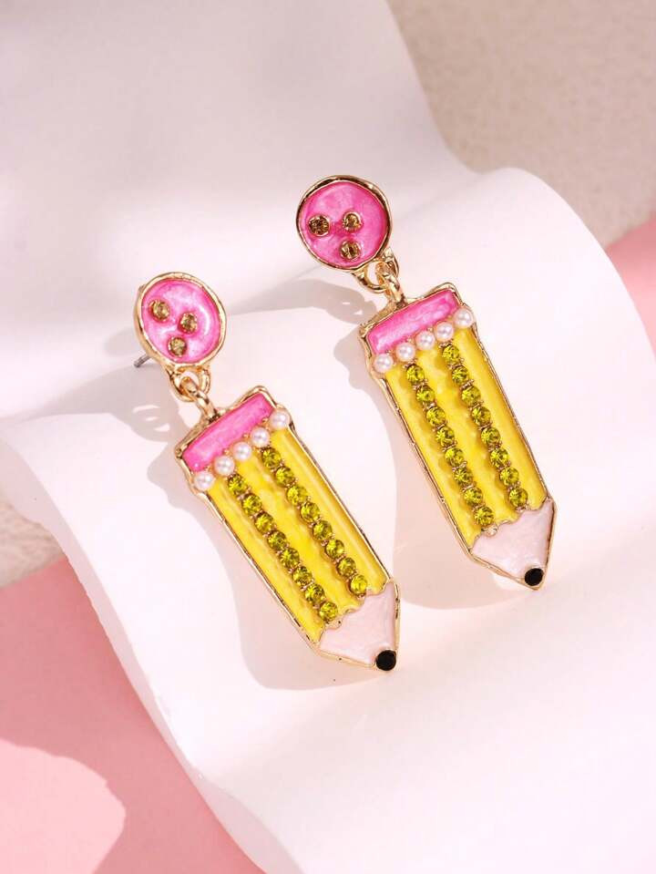 1pair Fun & Creative Color Block Enamel Metal Pencil Earrings For Women, Daily Wear & Holiday Gif... | SHEIN