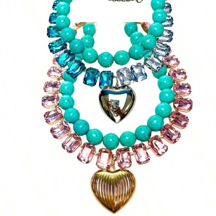 Chunky Chain Heart Pendant Necklace, Inlaid With Green, Blue, Pink Crystals, Paired With Natural ... | SHEIN