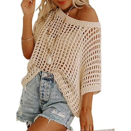 Dokotoo Womens Summer Scoop Neck Short Sleeve Sweater Casual Crochet Hollow Out Knit Tops Pullove... | Amazon (US)