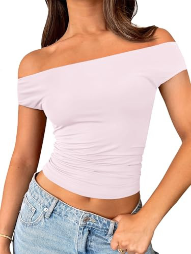 Trendy Queen Off The Shoulder Tops for Women Going Out Y2K Summer Cute Shirts Sexy 2025 Double Lined Spring Club Outfits Pink M | Amazon (US)