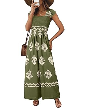 Happy Sailed Womens Summer Jumpsuits Printed Square Neck High Waisted Pockets Wide Leg Rompers Be... | Amazon (US)