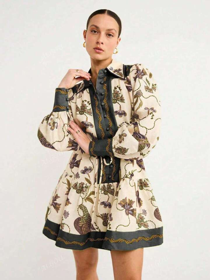 Women's Spring And Summer Short Dress Bohemian Printed Casual Cardigan Long Sleeve Printed Lapel ... | SHEIN