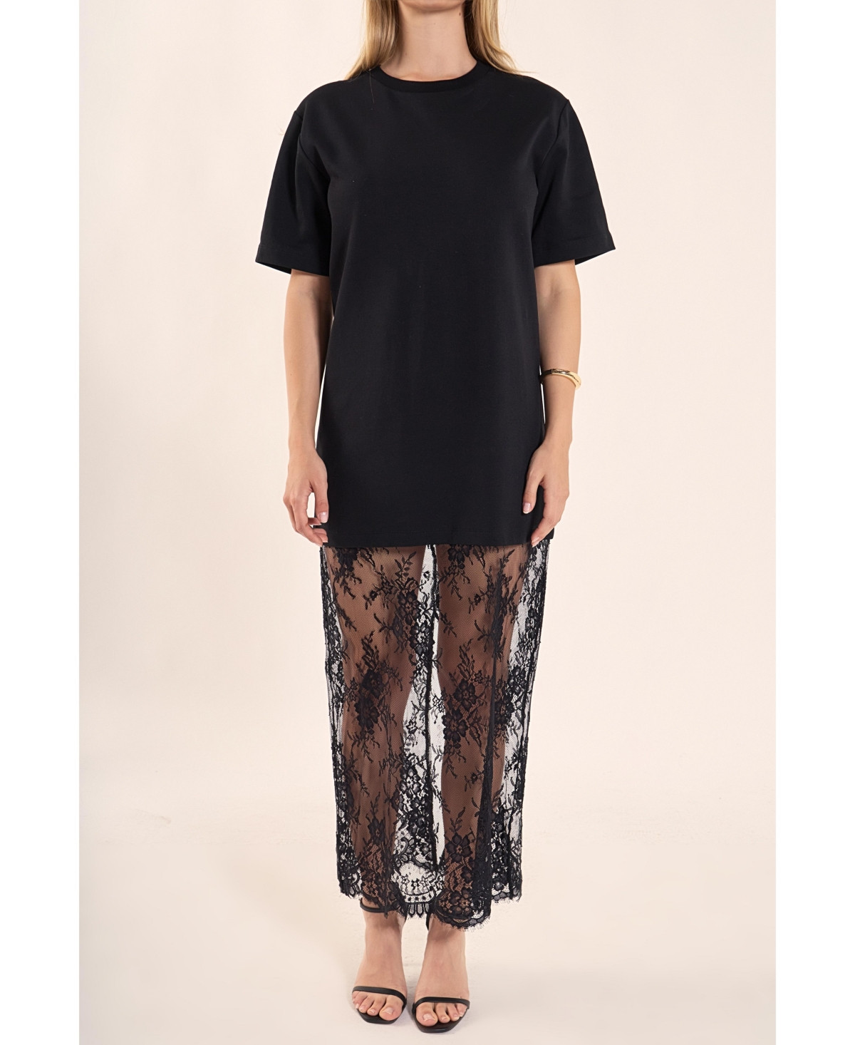 endless rose Women's Mixed Media Lace T-Shirt Dress - Black | Macy's