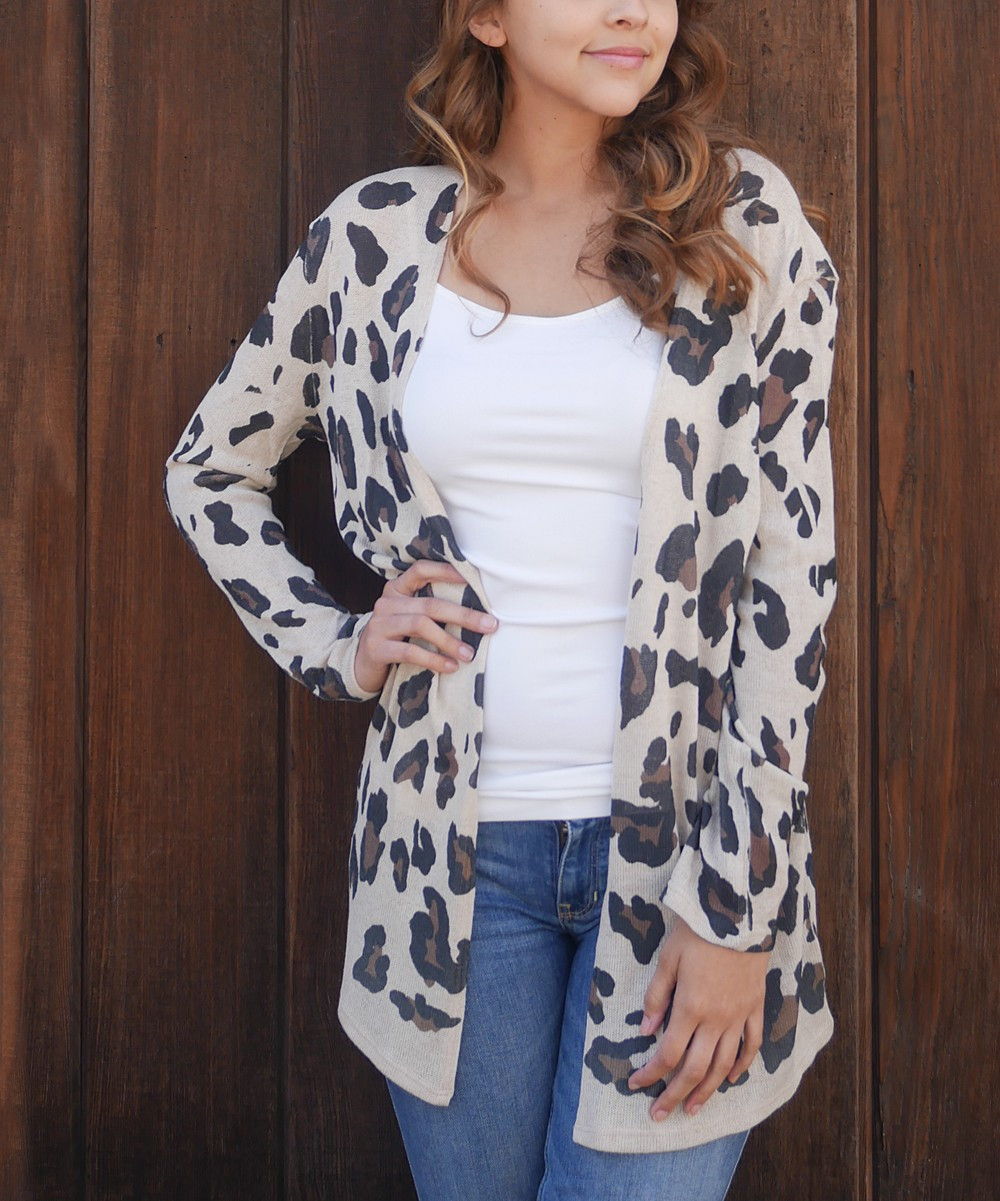Savvy Looks Women's Cardigans BEIGE - Beige Leopard Open Cardigan - Women | Zulily