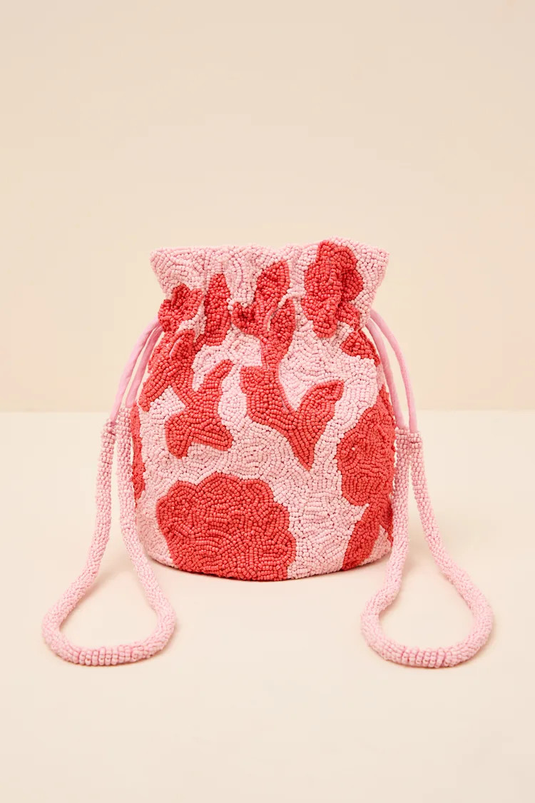 Miridia Pink Multi Floral Beaded Drawstring Bucket Bag | Lulus