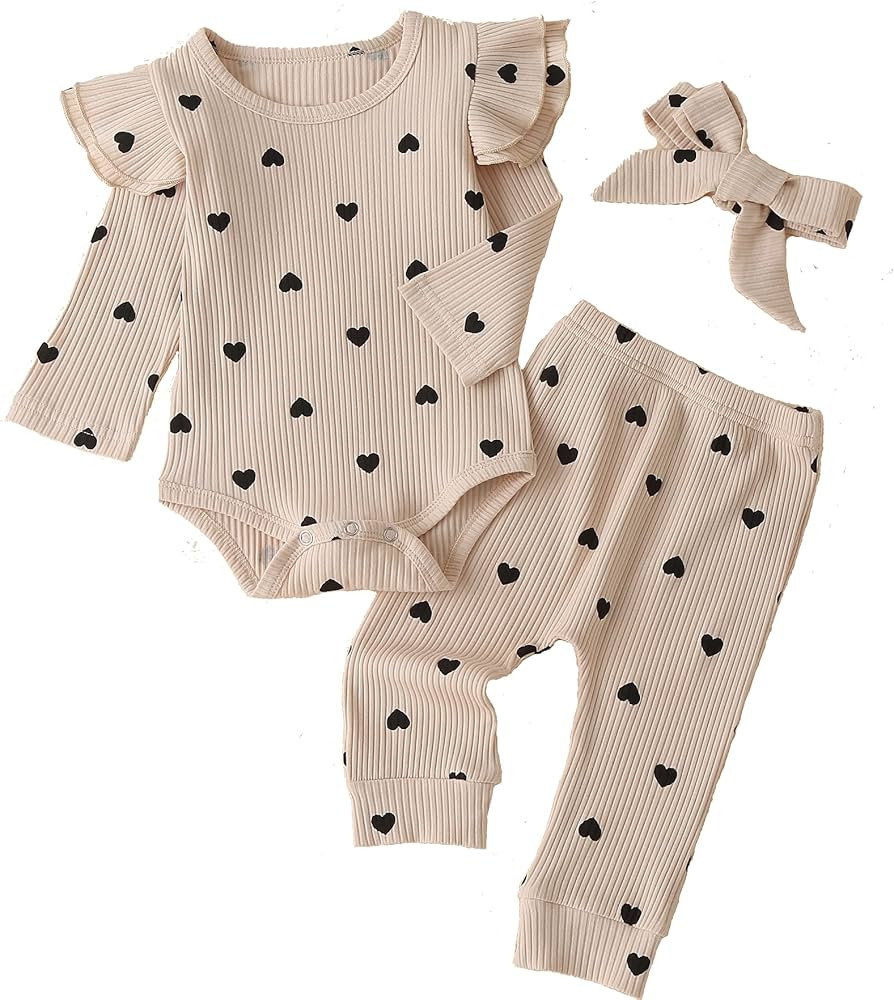 Baby Girl's 3pc Rib Frill Long Sleeve Romper and Pant Set | Amazon (US)