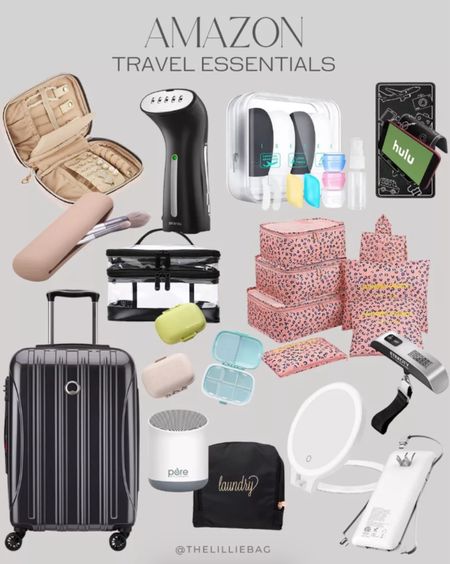 Amazon travel essentials. Travel steamer. Carryon luggage. Packing cubes. Sound machine. Makeup case. Travel jewelry organizer. Brush holder. Travel light up mirror. Laundry bag. Portable charger. Pill case

#LTKunder100 #LTKtravel #LTKunder50