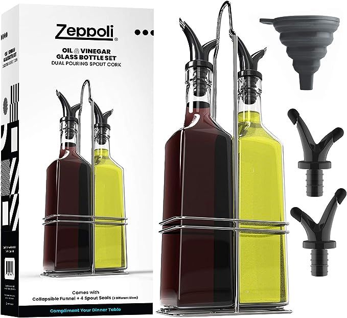 Zeppoli Oil and Vinegar Bottle Dispenser Set with Stainless Steel Rack and Removable Cork - Dual ... | Amazon (US)