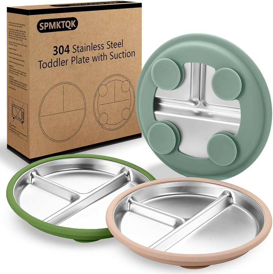 SPMKTQK 3 Pack Stainless Steel Kids Plates, Suction Divided, Baby Feeding | Amazon (US)