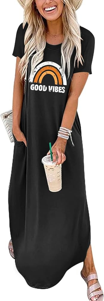 Prinbara Women's Casual Loose Sundress Long Dress Short Sleeve Split Maxi Dresses Summer Beach Dr... | Amazon (US)