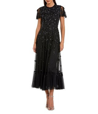 Beaded Crew Neck Short Sleeve A-Line Dress | Dillard's