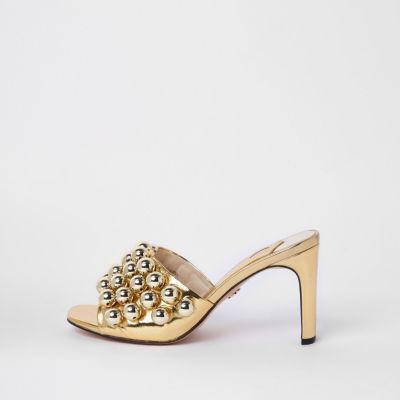 Gold tone beaded heeled sandals | River Island (UK & IE)