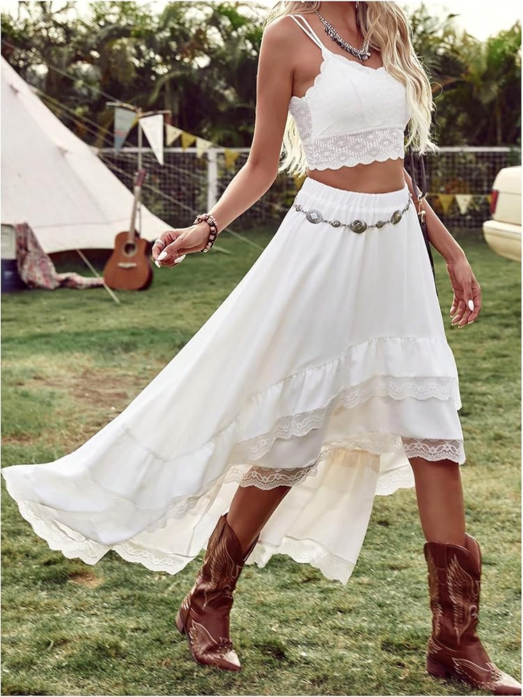 SHENHE Women's Boho Maxi Skirt High Low Asymmetrical Lace Ruffle Hem Flowy Western Skirt | Amazon (US)