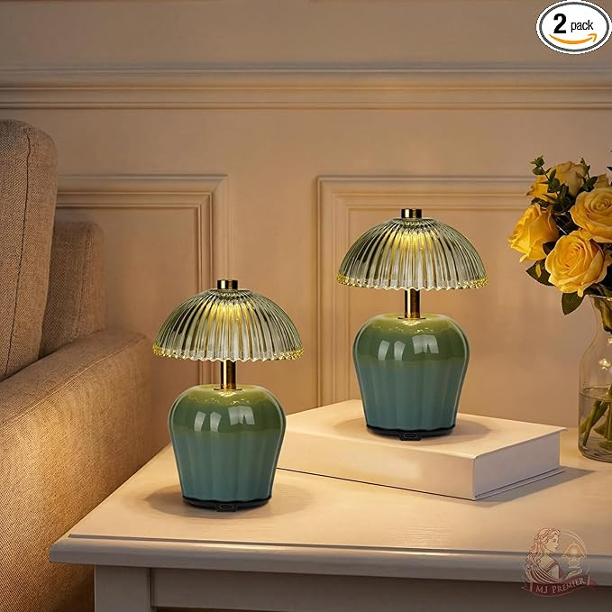 MJ PREMIER Rechargeable Table Lamp, Cordless Lamp with Timer, Mini Glass Mushroom Lampshade, Smal... | Amazon (US)