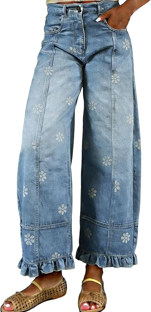 utcoco Barrel Jeans Women 2026 Floral Print Wide Leg Jeans Y2k Patchwork Baggy Boyfriend Denim Pa... | Amazon (US)
