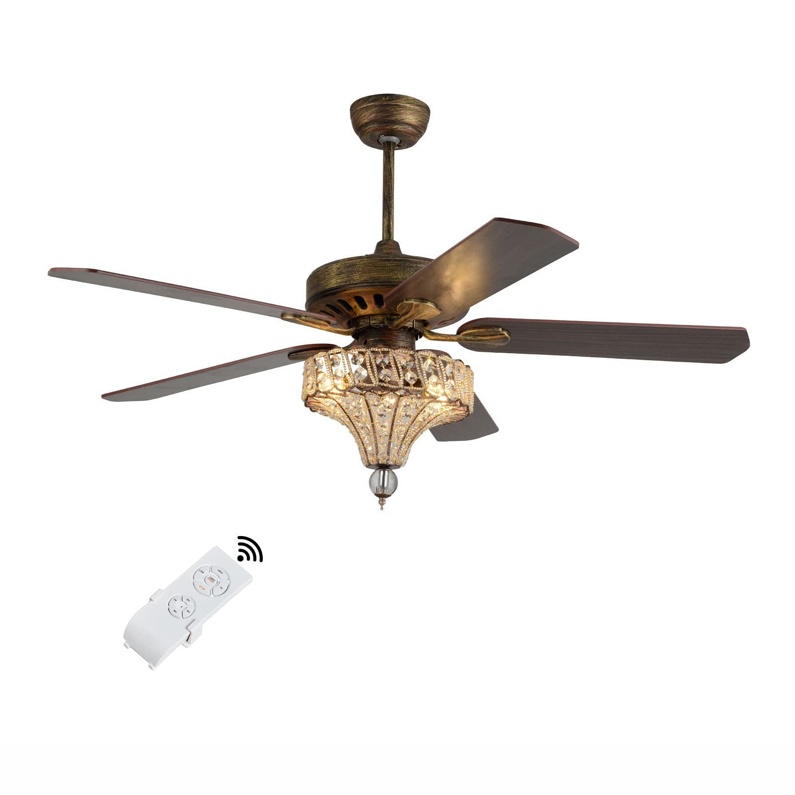 52inch Crystal Ceiling Fan,3-Light Rustic Bronze Ceiling Fan with Lights Reversible Retro 5 Wood ... | Amazon (US)