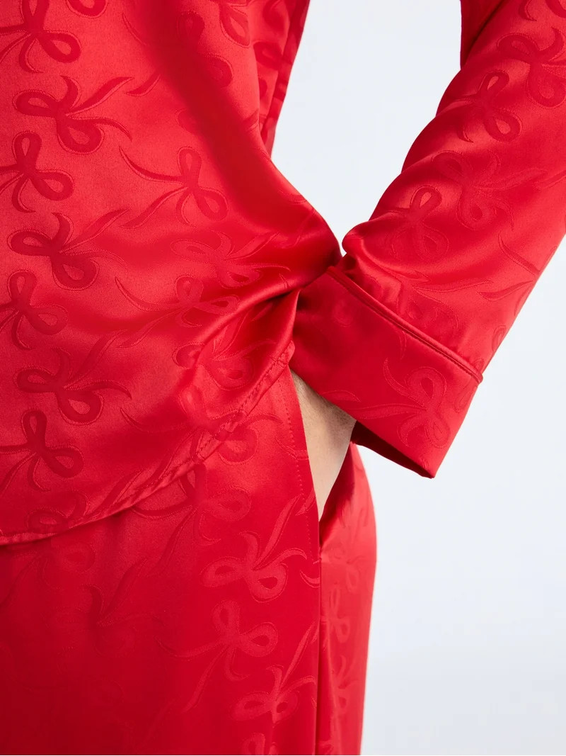 Joyspun Women’s Stretch Satin Notch Long Sleeve Top and Pants Pajama Set, 2-Piece, Sizes XS-3X | Walmart (US)