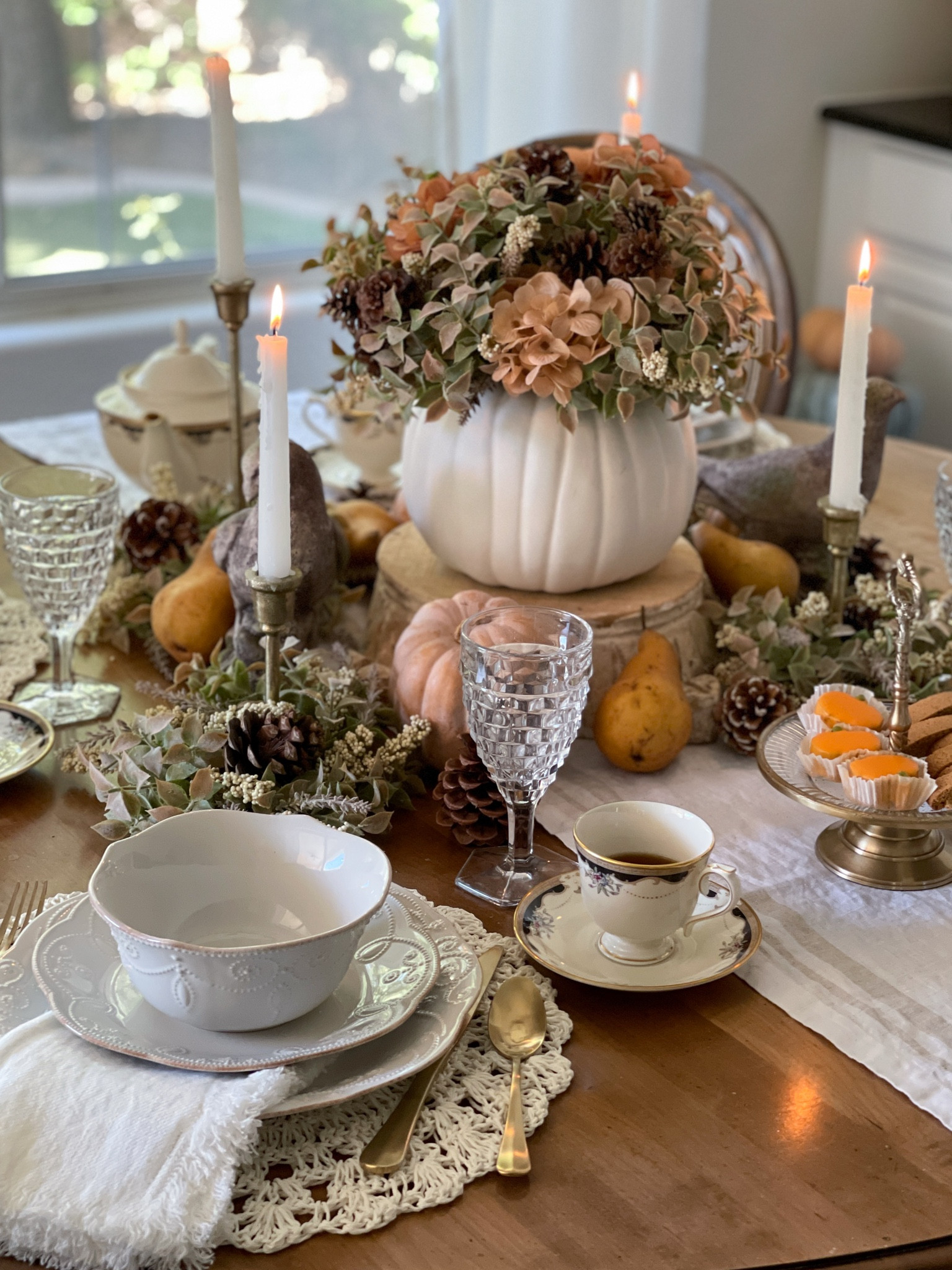 Soft Blush Autumn Table 
with pumpkins, pears and pinecones 

Items not linked are from my favorite small shoppe @shoppe.crown.and.sparrow
Stone Dove Pair
Herb floral bundles (in pumpkin vase)
Herb floral wreaths (around candlesticks)
Petite High Tea Server.

Peach hydrangeas & pinecones from Hobby Lobby

Fall stems listed below are tucked into my chandelier. 

Fall decor, Fall table decor, Autumn table decor, Autumn decor 

#LTKSeasonal #LTKhome #LTKHoliday