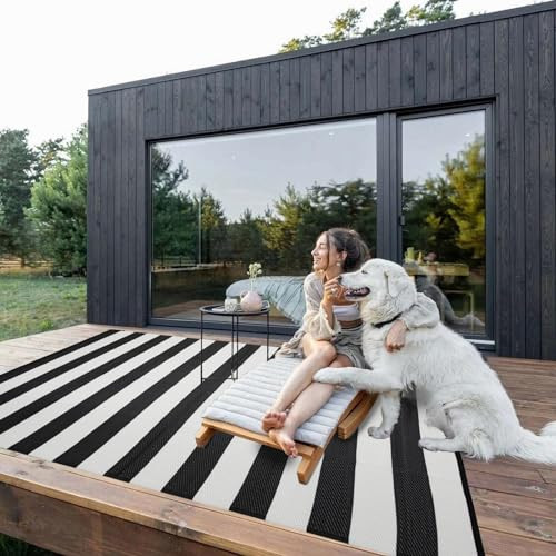 Strickland Home Outdoor Rug Waterproof 5 x 8 ft, Reversible Plastic Straw Rug for Patio, Large Outdoor Carpet for RV, Patio, Camping, Backyard, Deck, Picnic, Beach, Black & White | Amazon (US)